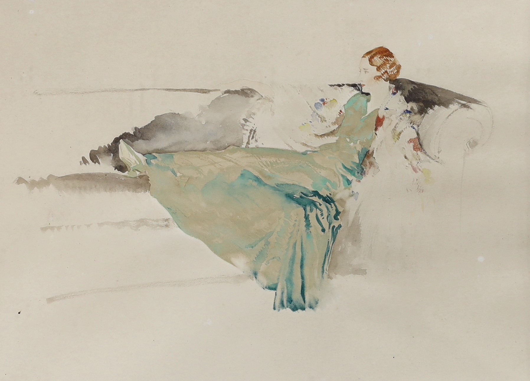 Sir William Russell Flint (1880-1969), watercolour, Portrait of Mrs Bradley Moore, signed and inscribed by the artist, 22 x 29cm